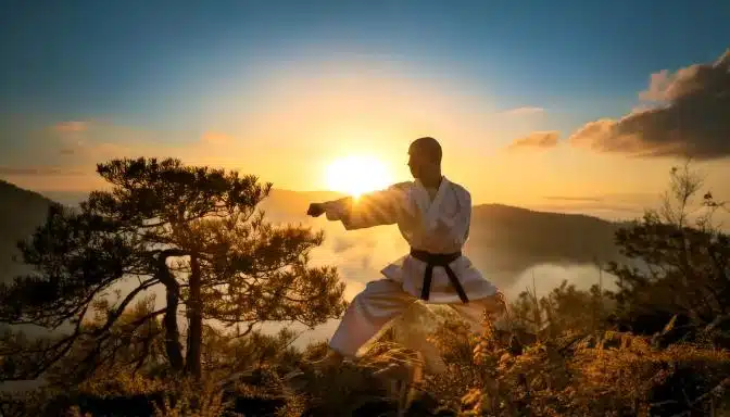 homme qui pratique les arts martiaux au couché du soleil