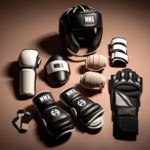 présentation du matériel de MMA casque, gants, protection